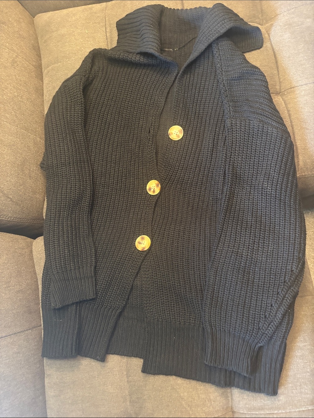 Women’s Black Chunky Knit Shawl Collar Cardigan with Contrast Buttons
